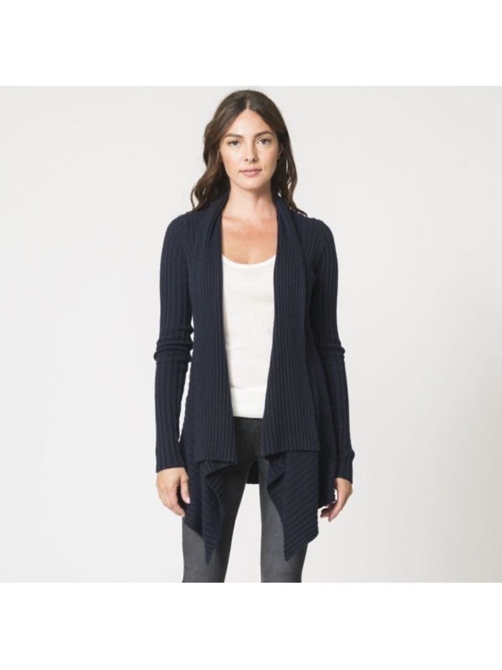 Autumn Cashmere rib draped cardigan navy blue leather lace up XS